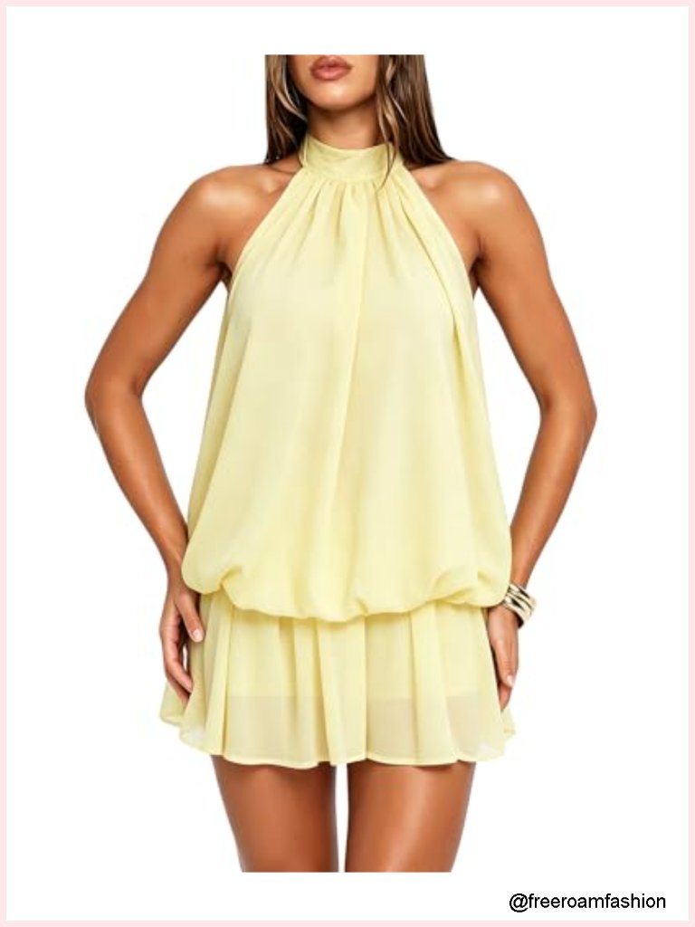 Halter Draped Ruffle Chiffon Mini Dress Flowy Backless Party Resort Brunch